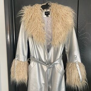 Penny Lane Faux shearling fur collar silver trench coat
